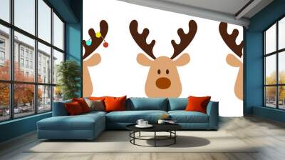 Set of cute reindeer head isolated on white background. Funny Simple flat vector illustration christmas reindeer in hat and garland with light bulbs Wall mural