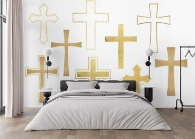 Set of gold religious crosses on a transparent background. Illustrations gold Christian cross. Catholic or orthodox symbol for Easter Wall mural