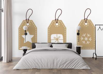 Set of kraft paper tags with white christmas elements isolated on a white background. Modern vector illustration Wall mural