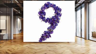 Photo No. 9 of purple flowers on a white background. Typographic design element. Part of the flower alphabet. Numeral 9. Wall mural