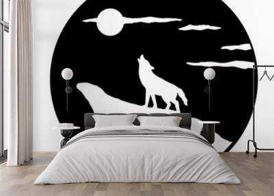 Silhouette of wolf howling at moon on mountain with pine trees . Landscape in circle. The illustration is isolated on white background. The Vector logo wolf for T-shirt design or outwear. Wall mural