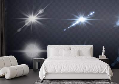 Silver and blue lens flares set. Isolated on transparent background. Sun flash with rays or spotlight and bokeh. Glow flare light effect. Vector illustration Wall mural