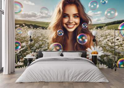 Soap bubbles. A girl is standing among soap bubbles on a daisy field. The field is filled with white daisies with a clear blue sky. Wall mural