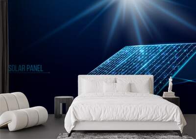 Solar battery, solar panel. Renewable alternative energy concept with glowing low poly panel on dark blue background. Wireframe low poly design. Abstract futuristic vector illustration Wall mural