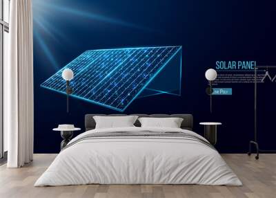 Solar battery, solar panel. Renewable alternative energy concept with glowing low poly panel on dark blue background. Wireframe low poly design. Abstract futuristic vector illustration Wall mural