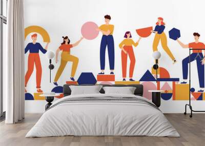 Teamwork, coworking, business partnership concept flat illustration. Characters with abstract geometrical shapes. Diverse people working together. Men and women organize abstract geometric figures Wall mural