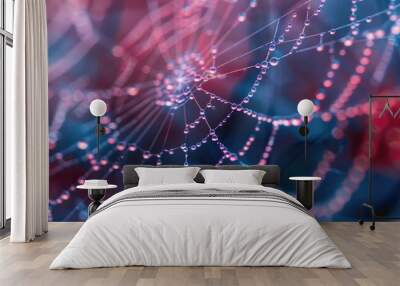 spider web with dew droplets, illuminated by soft pink and blue light, creating a dreamy effect Wall mural