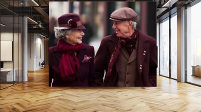 Stylish, fashionable diversity senior couple lovers walking on city street in vintage classic, luxury clothes. Generative ai. Older aged man and woman.. Wall mural