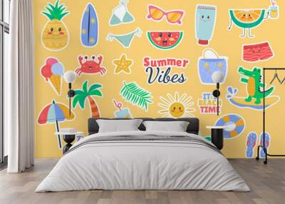 Summer cartoon kawaii stickers accessory elements set cute flat doodle style Wall mural