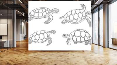 Swimming sea turtle outline sketch isolated on white background. Hand drawn line monochrome illustration set ocean or underwater animal Wall mural