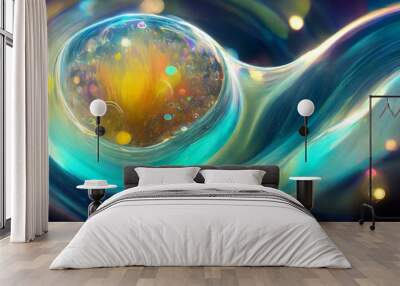 Swirling bubbles implode in a transparent blue liquid, creating a mesmerizing dance of motion and light, as cavitation ripples send delicate shockwaves through the serene fluid. Wall mural