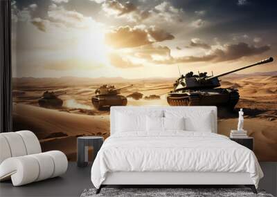 Tanks driving in the desert, ai generated Wall mural