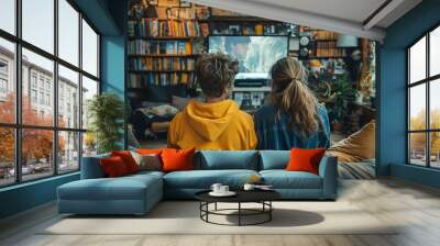 Teenagers watching a TV show at home in a living room Wall mural