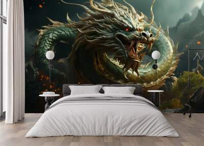 Traditional Asian green dragon close up, green background. 2024 Chinese New Year zodiac sign. AI Generative Wall mural