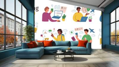 Traveling vector compositions, tourists planning trip, buying tickets, booking hotel, set of characters using travel apps, cartoon scenes with travelers, illustrations of vacation situations Wall mural