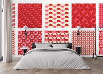 Trendy retro set geometric seamless patterns with colorful semicircles and circles. Modern abstract background. Red, beige and pink colors. Vector illustration Wall mural