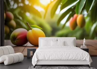 Tropical mango on wooden table on a blurred background of an mango grove. Generated with AI Wall mural