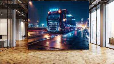 Truck driving through the night city, concept of cargo transportation, cargo delivery and transport, banner, transport company advertisement Wall mural