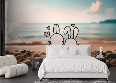 Two charming and playful cartoon-style rabbits, drawn in outline form, sitting on the beach and looking out towards the sea. Summertime. Happy couple in love. Wall mural