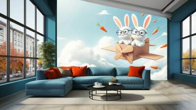 two cheerful white rabbits with glasses fly a cardboard plane Wall mural