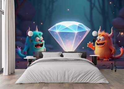 Two cute cartoon monsters excitedly discovering a glowing diamond in a mystical forest Wall mural