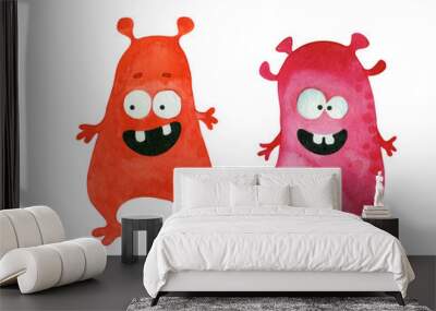 Two cute red monsters. Watercolor illustration isolated on white. Wall mural