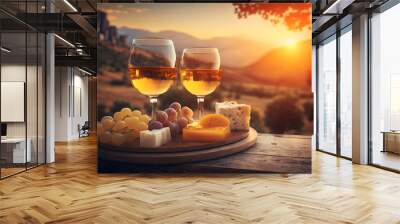 Two glasses of white wine, cheese on the table with blurred mountains view on the sunset, AI generated Wall mural