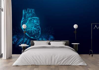 Two human hands are holds heart. Wireframe glowing low poly heart. Design on dark blue background. Abstract futuristic vector illustration.	
 Wall mural