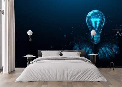 Two human hands hold lightbulb. Wireframe glowing low poly style. Design on blue background. Abstract futuristic vector illustration. Wall mural