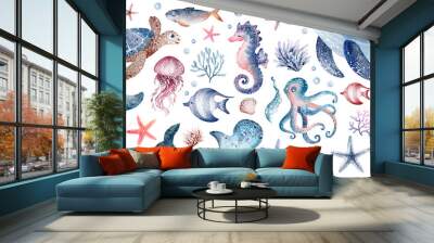 Underwater creatures on an isolated background. Watercolor illustration of the undersea world. Sea animals are hand drawn. Ocean fauna clipart for children design. Wall mural