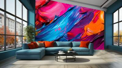 Abstract acrylic paint in orange, blue and red color palette. Colorful wallpaper texture for branding. Vibrant background with bold colors. Wall mural