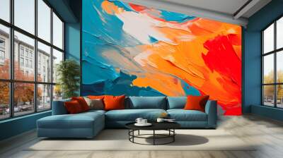 Abstract acrylic paint in orange, blue and red color palette. Colorful wallpaper texture for branding. Vibrant background with bold colors. Wall mural