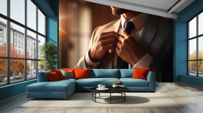 Closeup photo of businessman adjusting his necktie. Wall mural