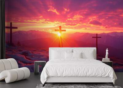 Crucifixion and Resurrection of Jesus at sunset. Three wooden crosses against beautiful sunset in the mountains. Catholicism symbols. Easter concept. Wall mural