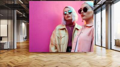 Fashion street portrait banner photo of two young women wearing pastel color clothes. Generative AI. Wall mural