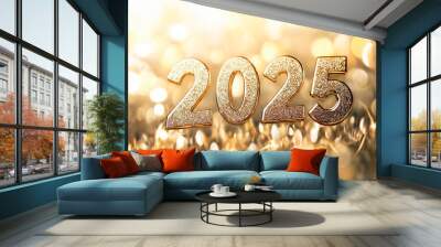 Golden numbers wishing a Happy New Year 2025 over festive background. Wall mural