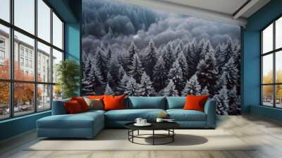 Landscape photo of fir misty forest with fog. Natural esthetic view for environment consciousness. Wall mural