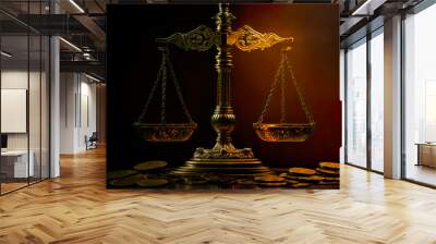 Law Legal System Justice Crime concept. Banner of golden justice balance with copy space. Generative AI. Wall mural