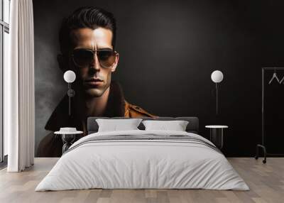 Portrait of stylish and attractive man with aviator sunglasses and leather jacket. Studio shot web banner with copy space. Generative AI. Wall mural