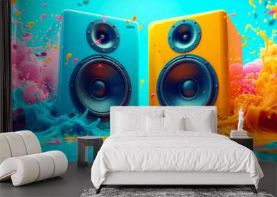 Speaker system for music in colorful background. Sound and audio equipment. Wall mural