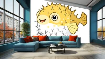 Vector cartoon illustration of a cute happy smiling yellow spiky puffer fish character isolated on white Wall mural