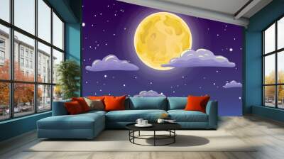 vector full moon, stars, and clouds on the dark midnight sky. Night sky scenery background. Cartoon full moon on dark starry night sky with clouds. illustration of moon, stars clouds on midnight sky. Wall mural