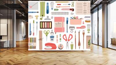 Vector illustration of stationery, cartoon collection of school and office supplies. Set of pencils, pens, notebooks. Flat doodles of rulers, highlighters, tools for art, education and organization Wall mural