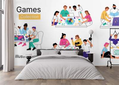 Vector illustration set of people playing boardgames. Friends, families enjoying card game at the table. Children, adults, elderly cartoon style characters. Fun leisure time, bonding and entertainment Wall mural