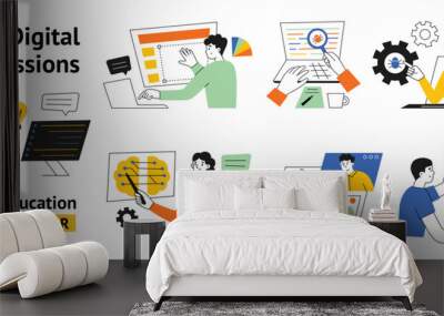 Vector illustrations of digital professions, online education set in flat cartoon style. Characters learning technology, training for programming, AI, web design, courses on data science, coding Wall mural