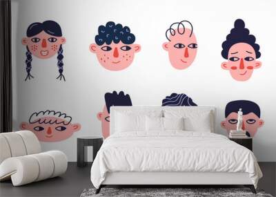 vector set hand drawn different characters face isolated on white background. trendy funny cartoon h Wall mural