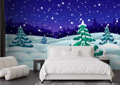 vector winter wonderland night landscape with snowfall and snowy fir trees. winter snow falling scene. christmas magic night backdrop. dark blue xmas card template or winter holiday panoramic banner Wall mural