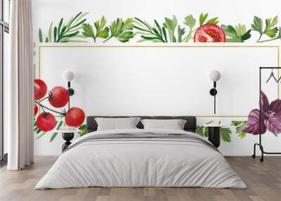 Watercolor banner with parsley, Basil, dill and tomatoes in a frame on a white background. Wall mural