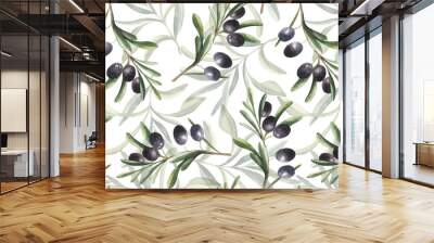 Watercolor hand drawn seamless pattern with black olives branches and leaves Wall mural