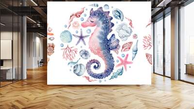 Watercolor illustrations of marine animals octopus, seahorse, crab, starfish, jellyfish. Sea life in a round illustration. Design postcard, sticker, sublimation. Wall mural